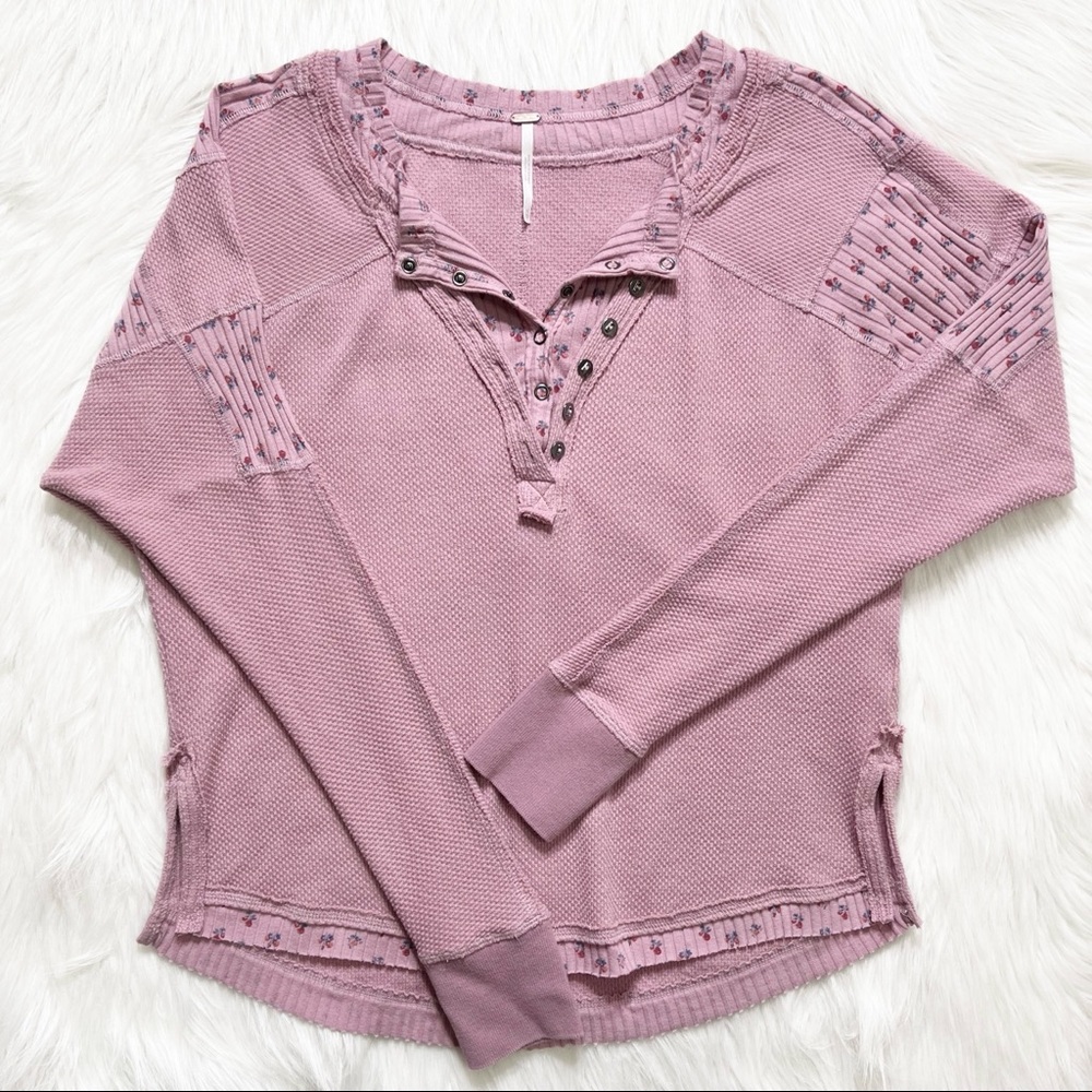 SOLD-Free People Layered Look Lavender Cherry Print Thermal Henley Knit Top - Picture 10 of 12